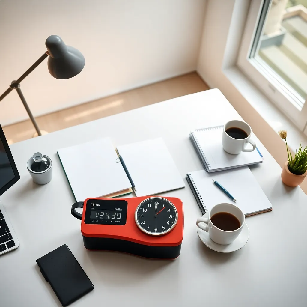 Professionele werkruimte met Pomodoro timer en georganiseerde agenda