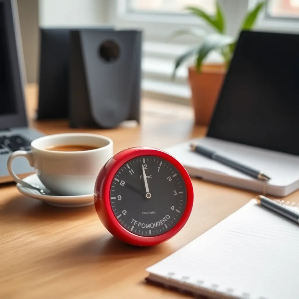 Een timer die de Pomodoro methode weergeeft naast een kopje koffie